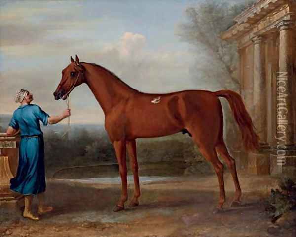 Mr Charles Wilson's Chestnut Arabian, held by a groom, beside a classical building Oil Painting - John Wootton