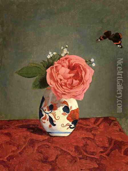 Garden Rose And Blue Forget Me Nots In A Vase Oil Painting - Gustave Caillebotte