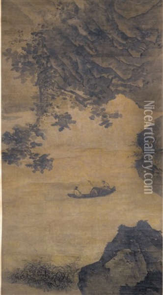 Fisherman In Landscape Oil Painting -  Chinese School-Ming Dynasty