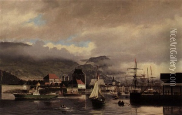 Bergen Sett Fra Sjosiden Oil Painting - Theodor Sovig