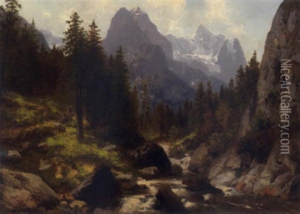 Blick Auf Wetterhorn Und Rosenauigletscher Oil Painting - Josef Schoyerer