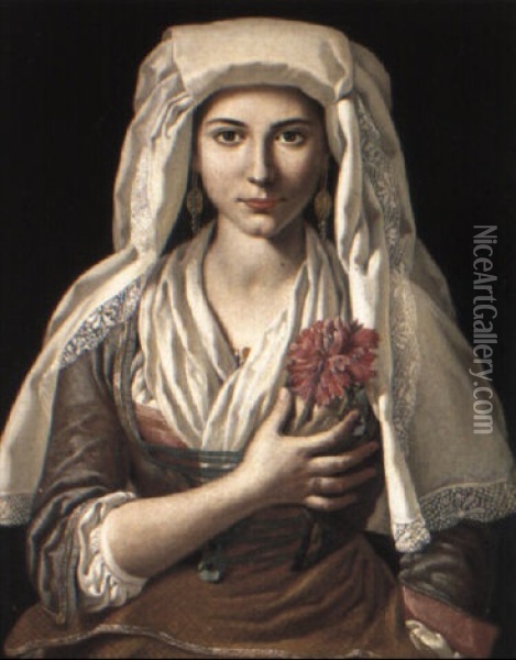 Portrait Of A Young Woman In A White Head-dress, Holding A Carnation Oil Painting - Francesco Cozza