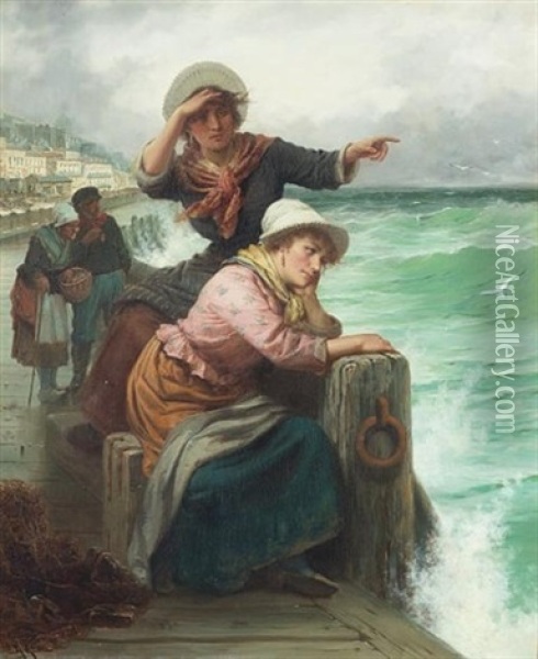 Awaiting The Return Of The Fishing Fleet Oil Painting - Robert Kemm