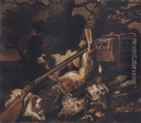 Still Life Of Game, A Musket And Other Hunting Equipment With Spaniels In A Landscape Oil Painting - Christiaan Luycks