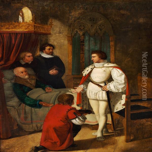 King Christian Iv Is Receiving Thekeys To The Danish Crown Regalia From The Dying Chancellor Nielskaas Oil Painting - Ditlev Konrad Blunck