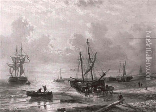 Hollandische Fischerboote Bei Abendstimmung Am Strand Oil Painting - George Willem Opdenhoff