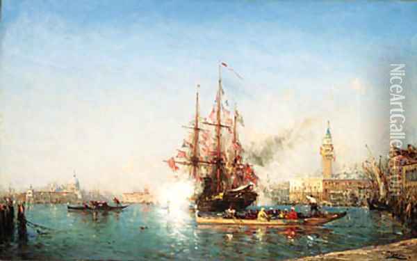Ship firing Salute in the Bacino di Venezia Oil Painting - Felix Ziem