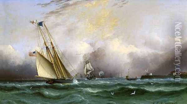 Schooner 'Columbia' off Portsmouth Harbor, England Oil Painting - James E. Buttersworth