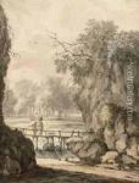 A Rocky River Landscape With Two Figures Crossing A Bridge Oil Painting - Isaac de Moucheron