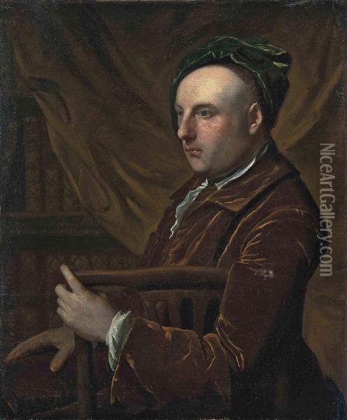 Portrait Of A Gentleman, Seated, Half-length, In A Rust Coat Andgreen Cap, In A Library Oil Painting - Thomas Gibson