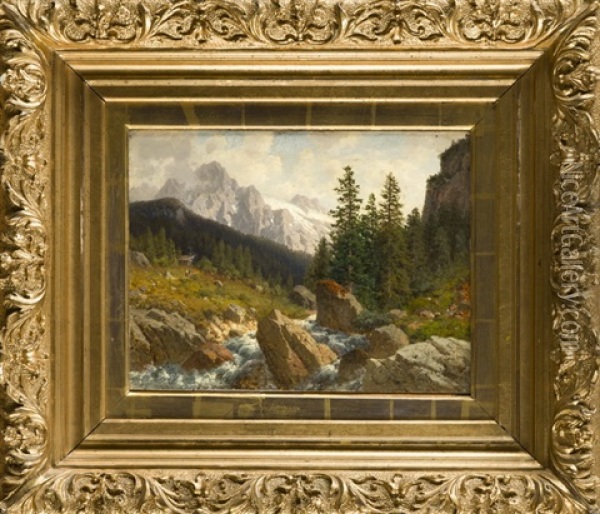 Alpine Landschaft Mit Wildbach U. Figurenstaffage Oil Painting - Josef Schoyerer