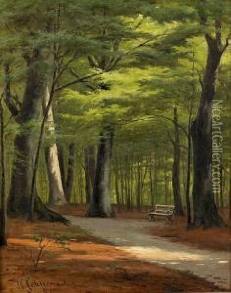 Sommerlicher Waldweg Mit Parkbank. Oil Painting - Harald Peter W. Schumacher