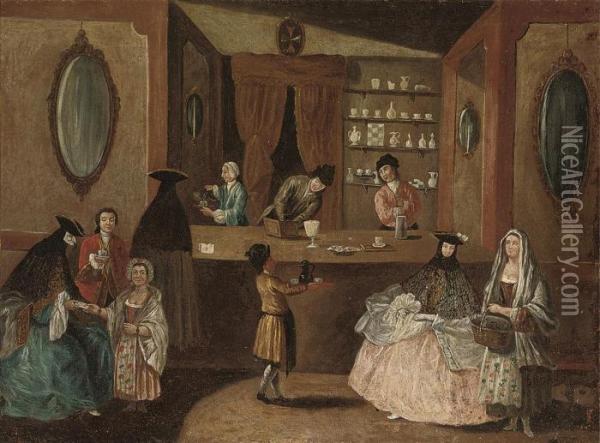 Figures In A Venetian Coffee House Oil Painting - Pietro Longhi
