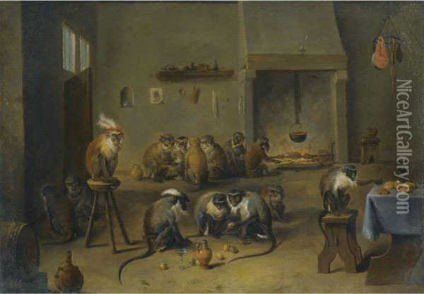Monkeys In A Kitchen Oil Painting - David The Younger Teniers