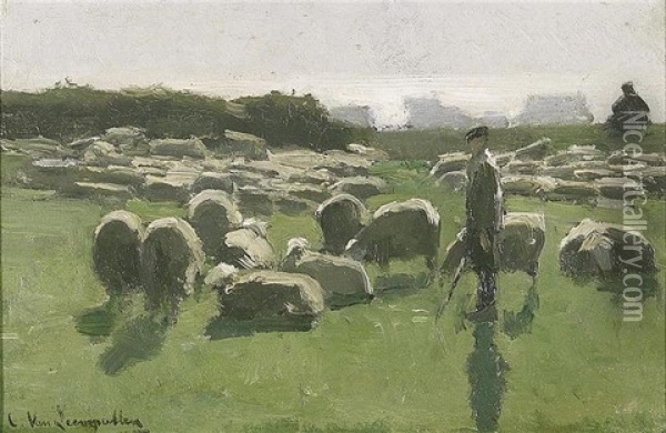Bergers Et Moutons Au Paturage Oil Painting - Cornelis van Leemputten