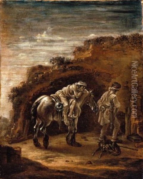The Good Samaritan, Or A Traveller Resting On His Horse In A Landscape, En Grisaille Oil Painting - Pieter Cornelius Verbeeck