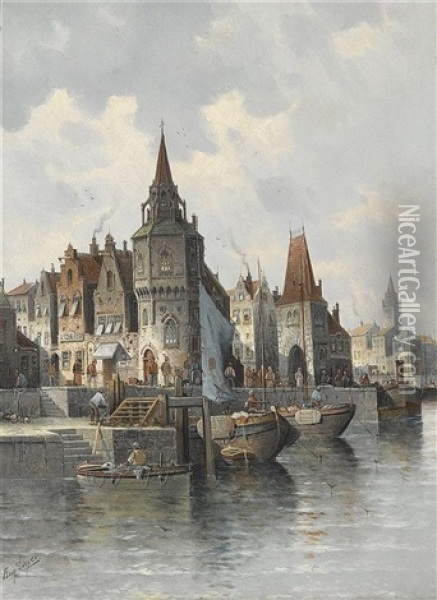 Nordische Hafenstadt Oil Painting - August Siegen