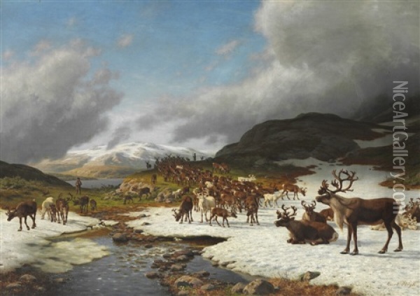 Reindeer Herd In The Mountains North Of Roros Oil Painting - Carl Henrik Bogh