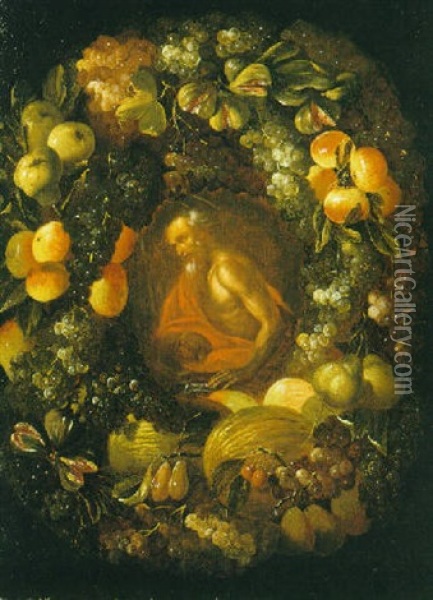 Ghirlanda Di Frutta Con S. Girolamo Oil Painting - Ludovico Stern