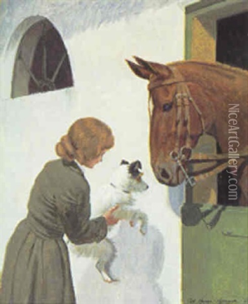 Gode Venner. En Lille Pige Med Hund Og Hest Oil Painting - Adolf Heinrich Claus Hansen