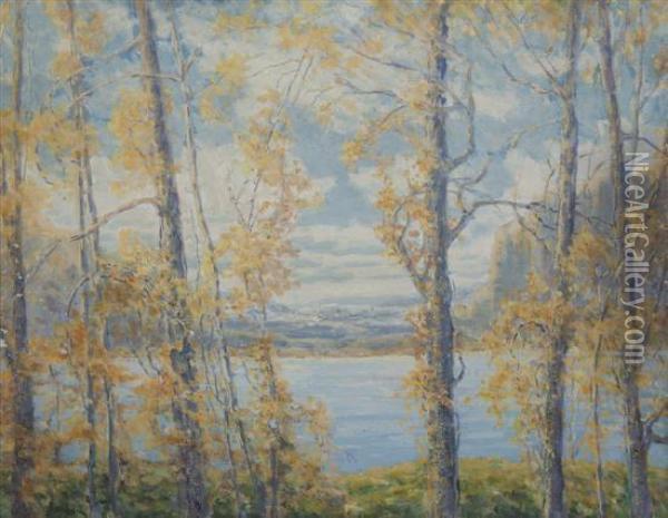 Wooded Lakeside Oil Painting - Josephine Lemos Reichmann