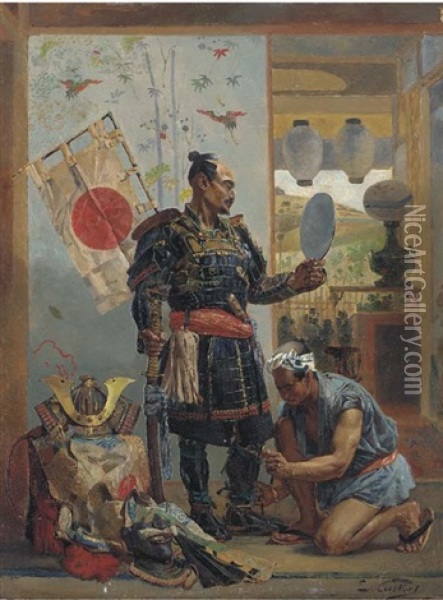 Japanese Samurai Warrior Preparing For Battle Oil Painting - Edouard Castres