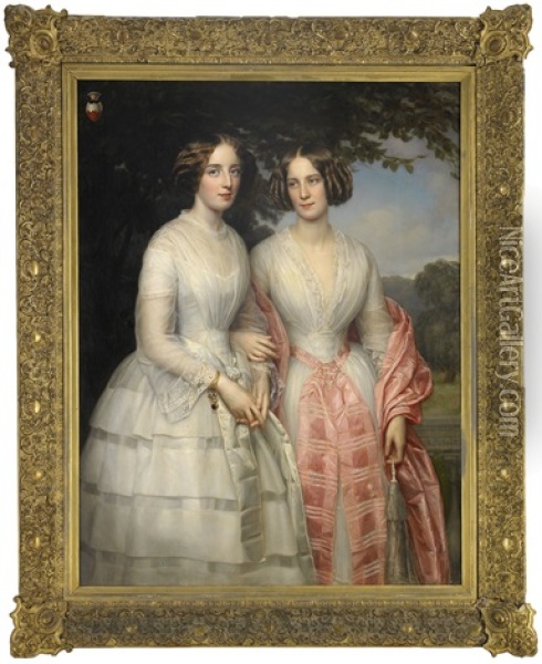 Portrait Of The Sisters Malvina Anny Louise And Hilda Sophie Charlotte Reventlow Oil Painting - August Heinrich Georg Schiott