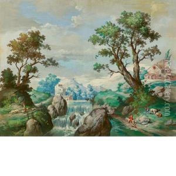 Paesaggio Prealpino Con Cascata, Cavaliere E Pastorella Oil Painting - Andrea Urbani