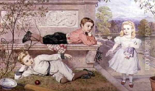 The Farrer Children Gaspard Henry and Cecilia in the Gardens of a Country House in Berkshire Oil Painting - John Collingham Moore