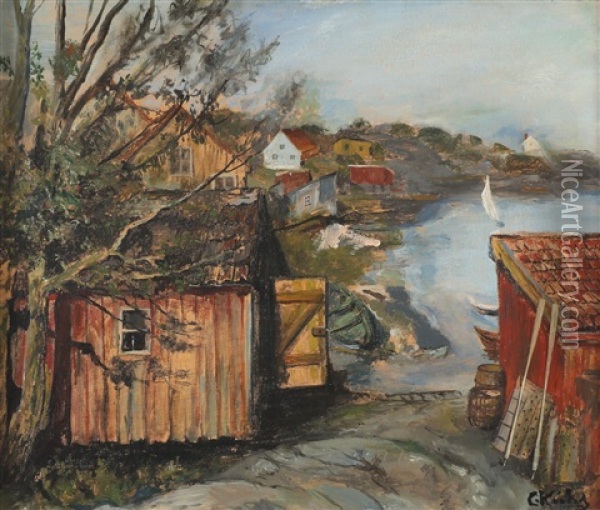Kystlandskap Med Smahus Og Seilbat Oil Painting - Christian Krohg