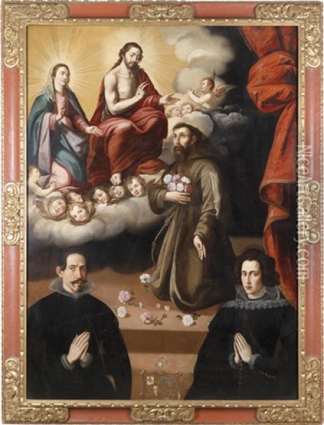 Die Madonna Mit Dem Kind Erscheint Dem Heiligen Franziskus Von Assisi Und Zwei Stiftern (collab. W/workshop) Oil Painting - Juan Del Castillo