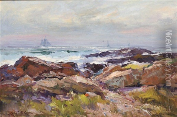 Rocky Shore With Distant Sailboats Oil Painting - Robert Charles