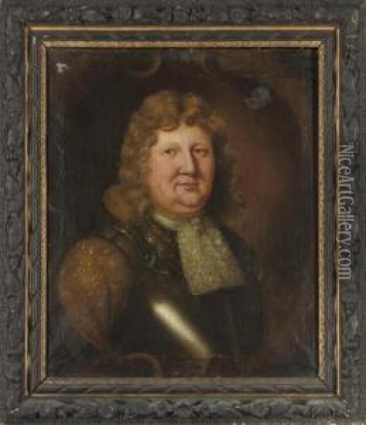 Portrait Of A Gentleman, 
Bust-length, In Armour With A Lace Cravat, In A Sculpted Cartouche Oil Painting - John Hayls