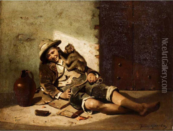 Boy With Monkey Oil Painting - Julius Geertz