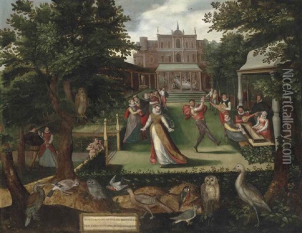 Elegantly Dressed Figures Merrymaking In A Garden Oil Painting - Joris (George) Hoefnagel