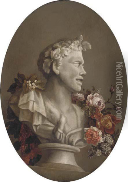 A Bust Of Pan Adorned With A Garland Of Flowers Oil Painting - Gaspar-pieter The Younger Verbruggen