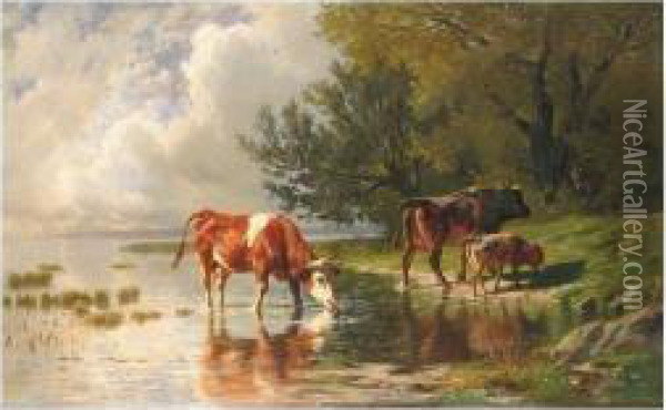 Vaches A L'abreuvoir Oil Painting - Charles Humbert