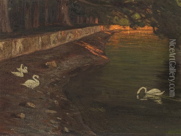 Waters With Swan Oil Painting - Ettore Burzi