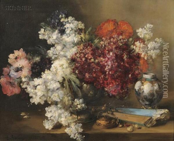 Still Life With Flowers, Porcelain, And A Folded Fan Oil Painting - Antoine Vollon