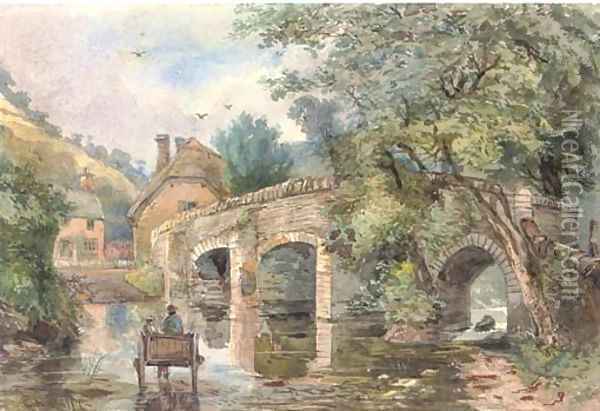 A horse and trap crossing the ford Oil Painting - English School