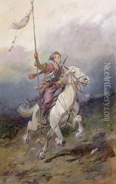 The Pathfinder, a seventeenth century Polish cavalryman on a white charger Oil Painting - Josef von Brandt