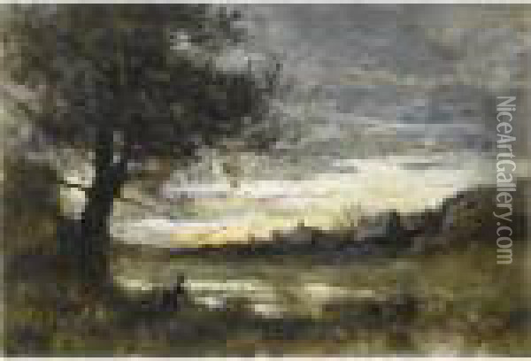 Souvenir De Normandie, Soleil Couchant Oil Painting - Jean-Baptiste-Camille Corot