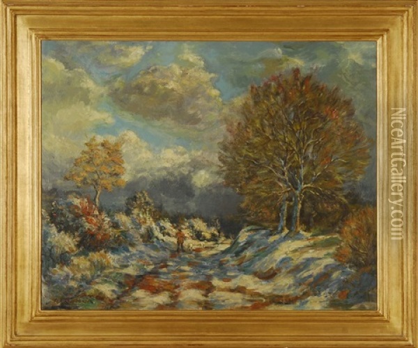 Winter Road, Depicting A Man Walking Two Dogs Through A Winter Landscape Oil Painting - Arthur Clifton Goodwin