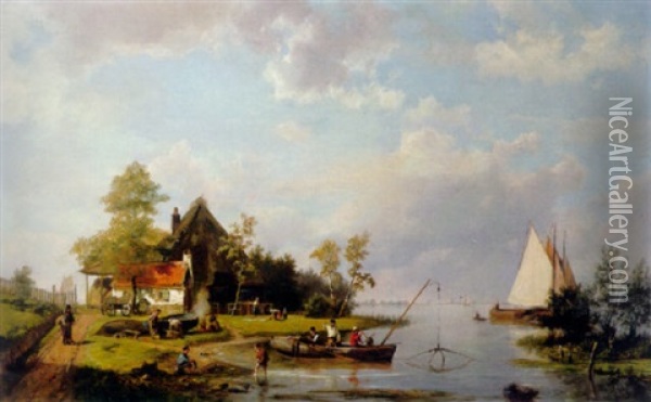 A River Landscape With A Ferry And Figures Mending A Boat Oil Painting - Hermanus Koekkoek the Elder
