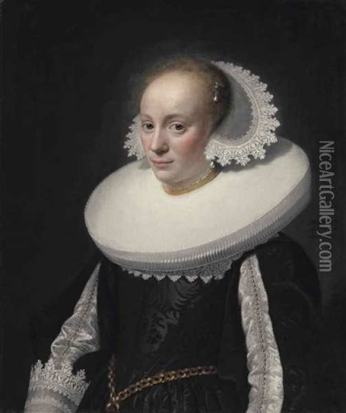 Portrait Of A Young Lady, Aged 17, Half-length, In A Black Embroidered Dress With Slashed Sleeves And A White Ruff And Lace Headdress Oil Painting - Michiel Janszoon van Mierevelt