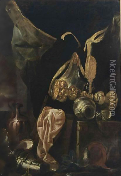 A Still Life With Armour, A Silver-Gilt Cup, A Copper Jug, A Silver Bowl And A Pink Cloth Oil Painting - Peeter Boel