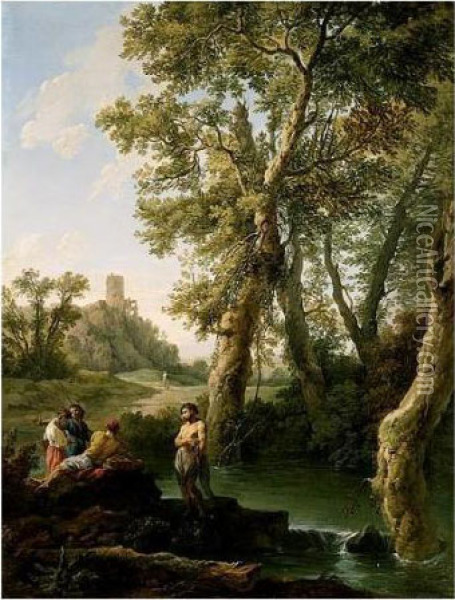 A Classical River Landscape With Fishermen And A Woman Resting By Rocks On A Bank Oil Painting - Andrea Locatelli