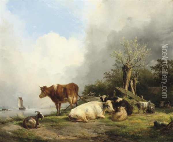 Cattle On A Riverbank Oil Painting - Hendrik van de Sande Bakhuyzen