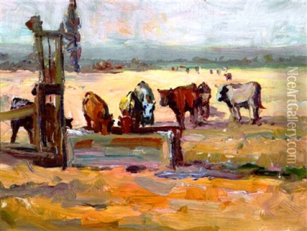 Cows At The Trough, Marin County, California Oil Painting - Selden Connor Gile