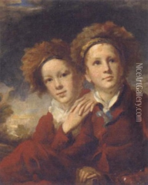 Double Portrait Of Two Boys In Red Suits In A Landscape Oil Painting - Sir Henry Raeburn